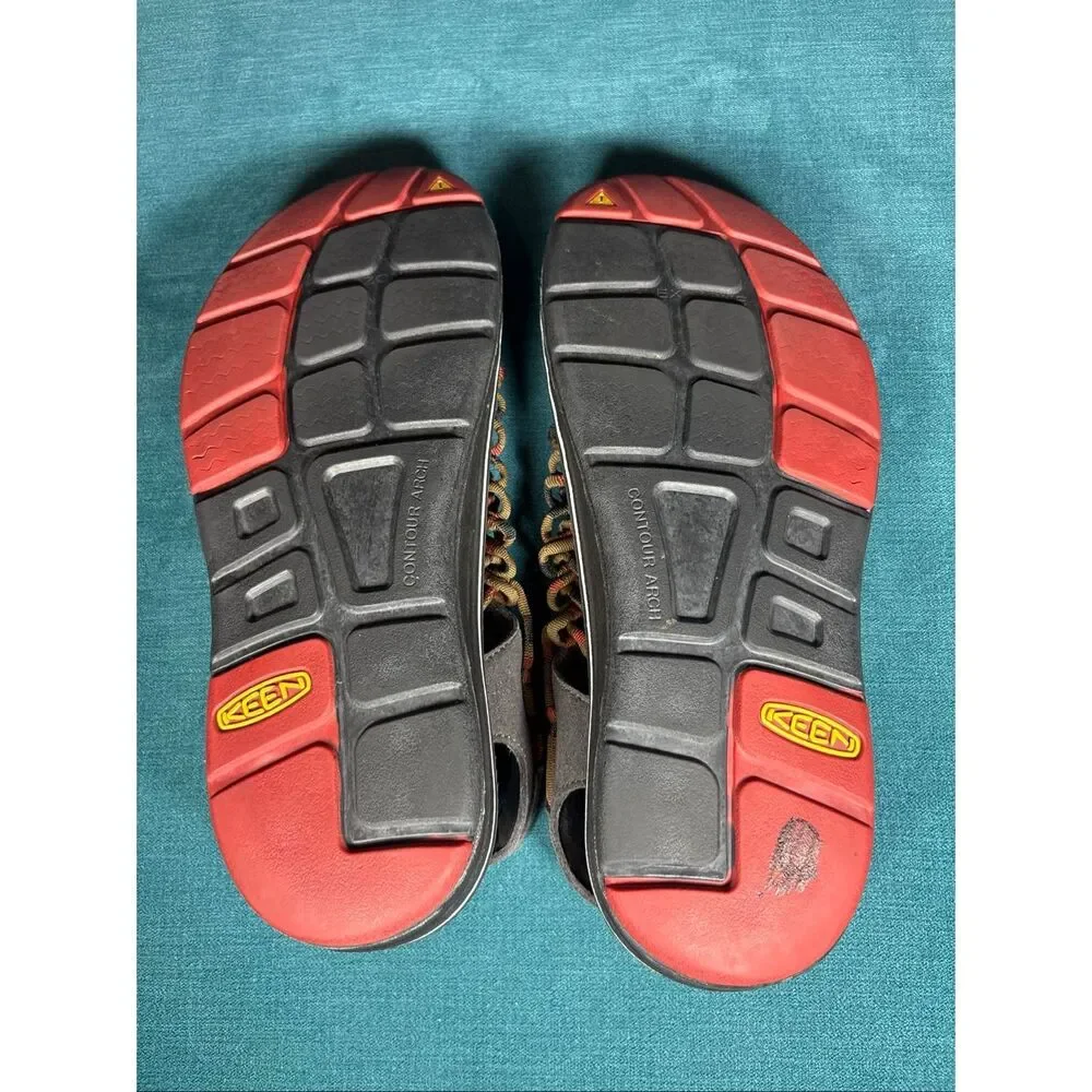 KEEN Uneek Sandals Mens Size 9.5 Grey Red Brown Cord Outdoor Shoes 1014620